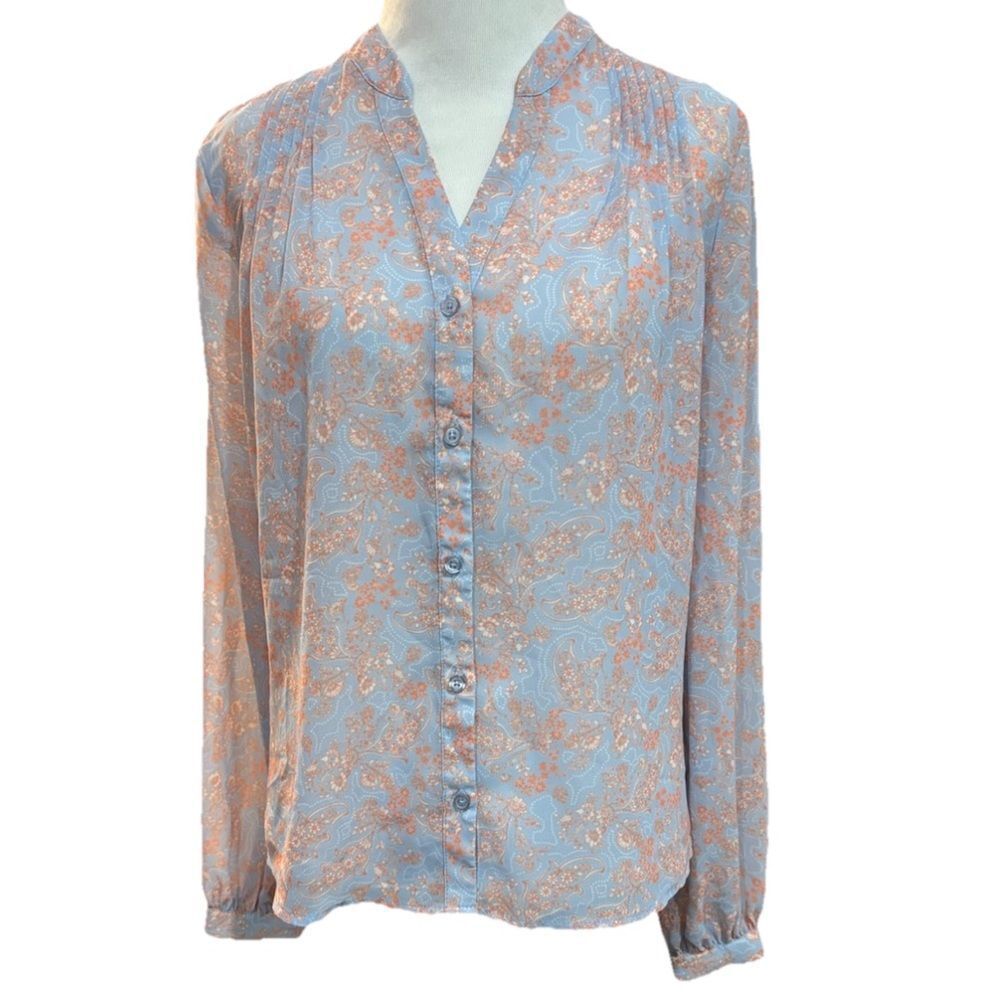 Vylette Womens Blouse Size S Blue Peach Paisley Floral Long Sleeve